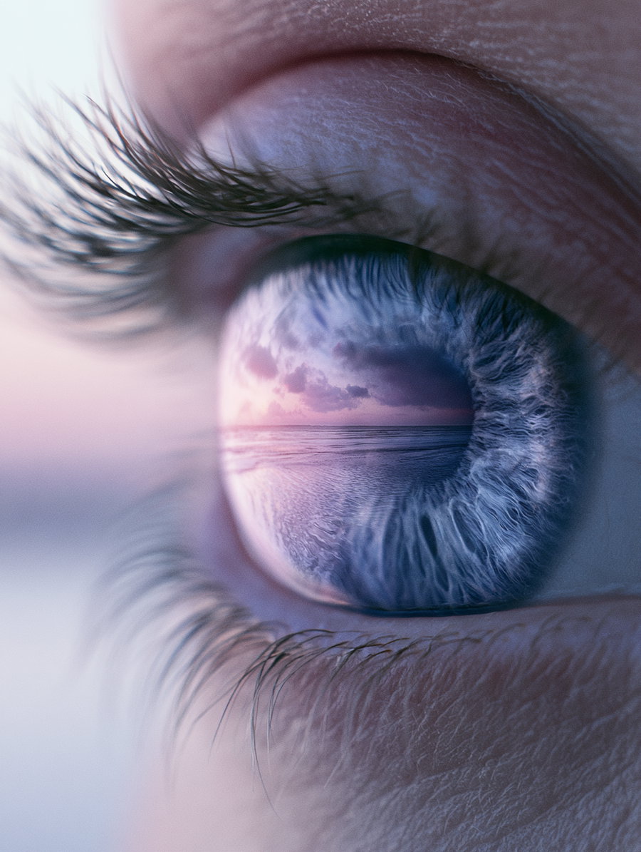 Extreme close-up photo of a human eye with detailed eyelashes and skin texture, showing a reflection of an ocean with a sunset sky and clouds in the iris