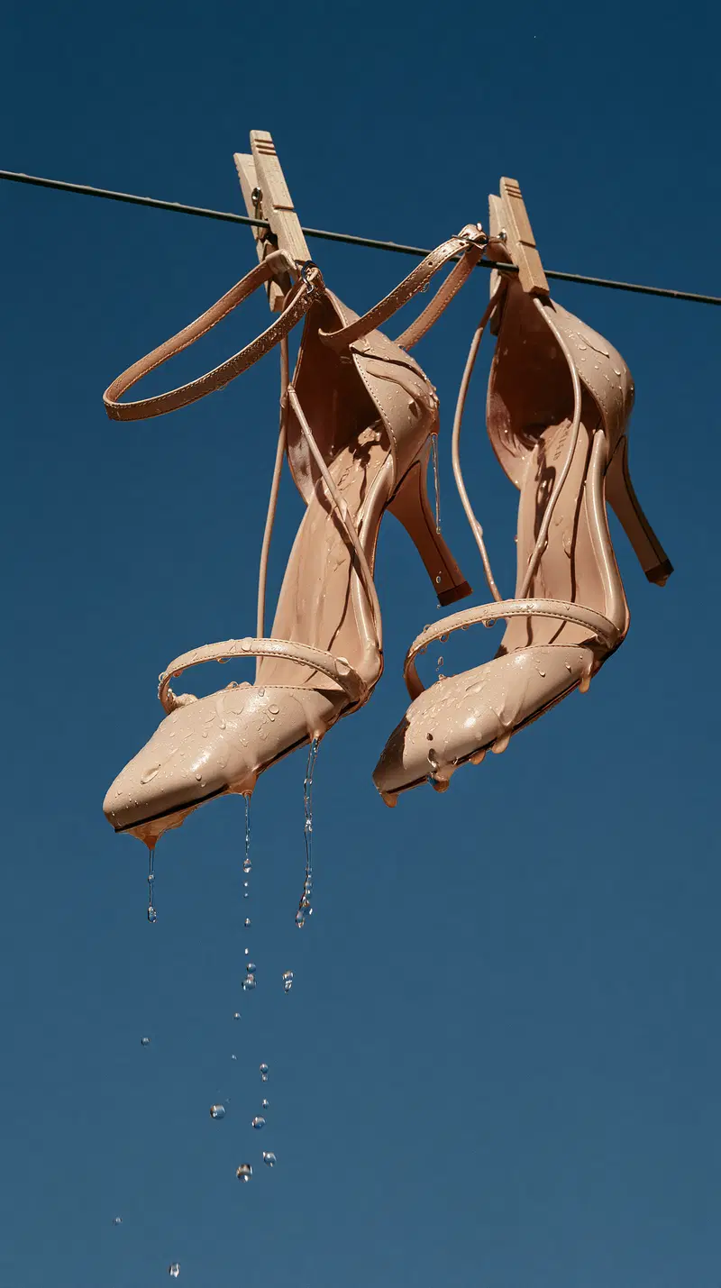 Wet high heel shoes hanging on a line with water dripping down