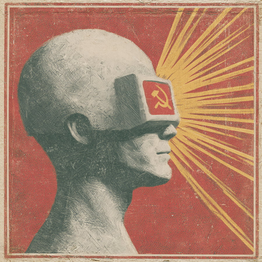 Illustration of a human bust with a red visor covering the eyes, featuring a yellow hammer and sickle symbol, set against a red background with radiating yellow lines