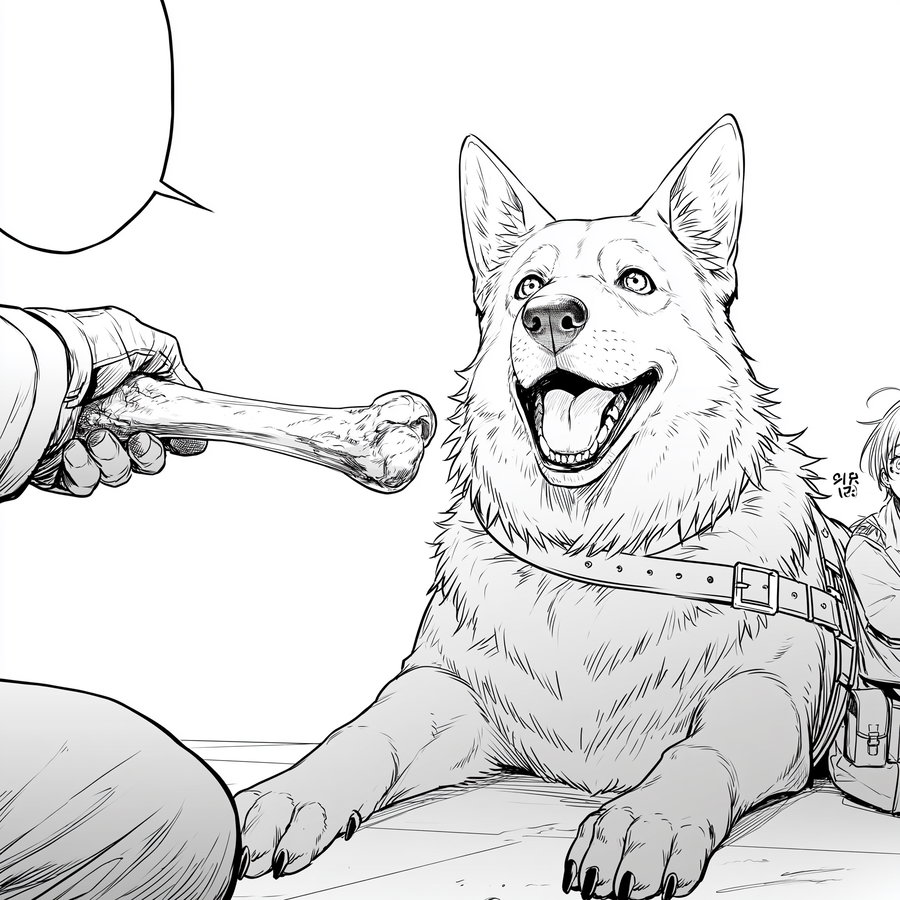 A detailed black and white comic style drawing of a happy dog lying down wearing a collar, looking at a hand holding a large bone with an empty speech bubble nearby.