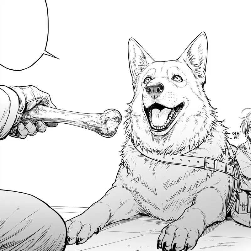 Black and white comic illustration of dog eagerly awaiting a bone