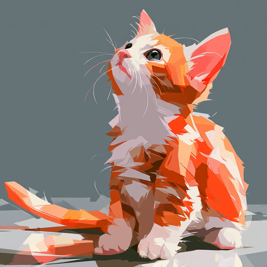 Digital art of an orange and white cat sitting and looking up against a plain gray background