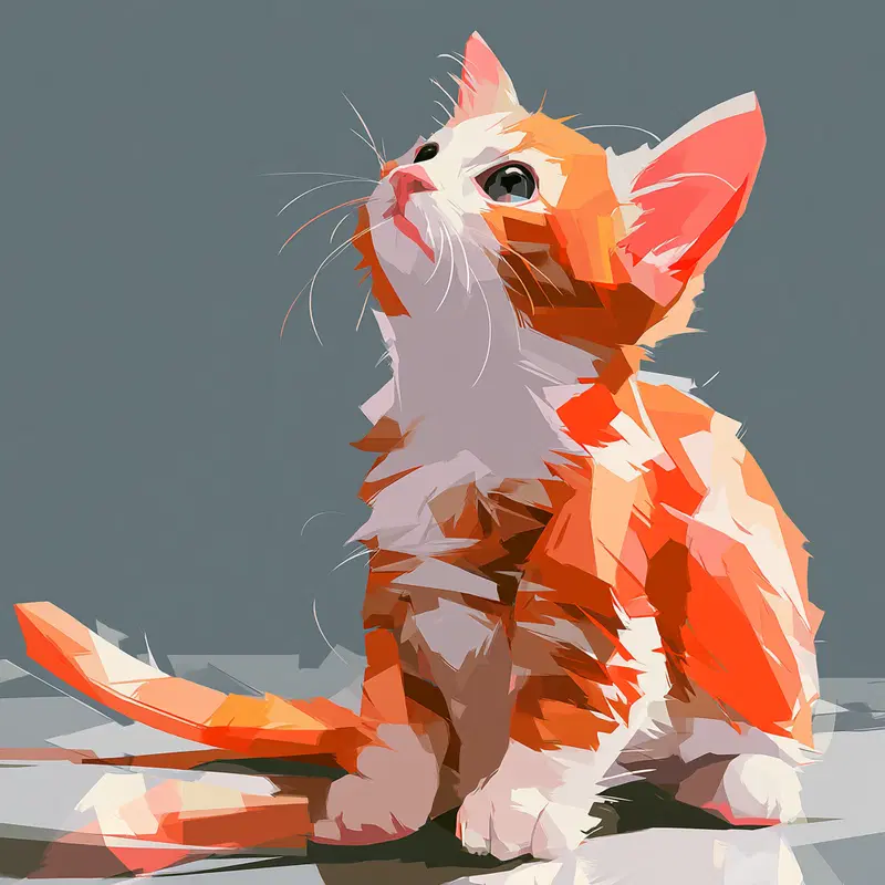 Digital painting of an orange and white cat looking upwards on a gray background