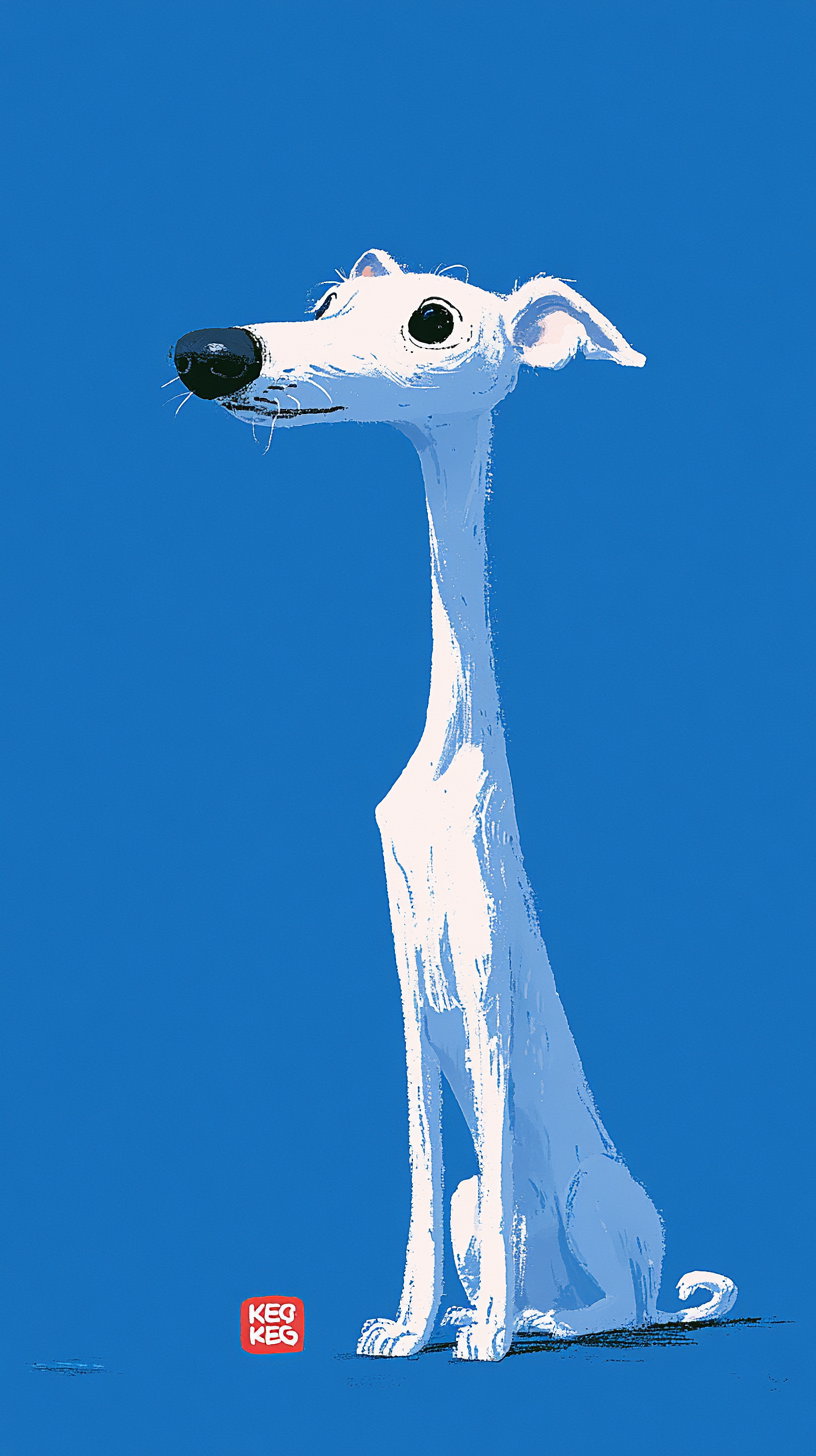A digital illustration of a slender white dog with large eyes and long legs sitting against a plain blue background