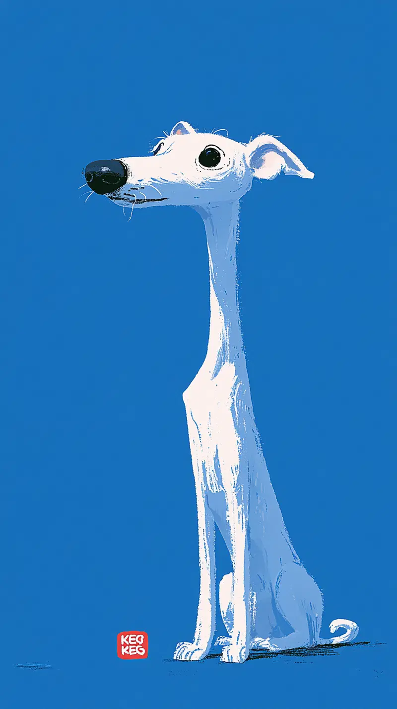 Minimalist digital illustration of a slender white dog against blue