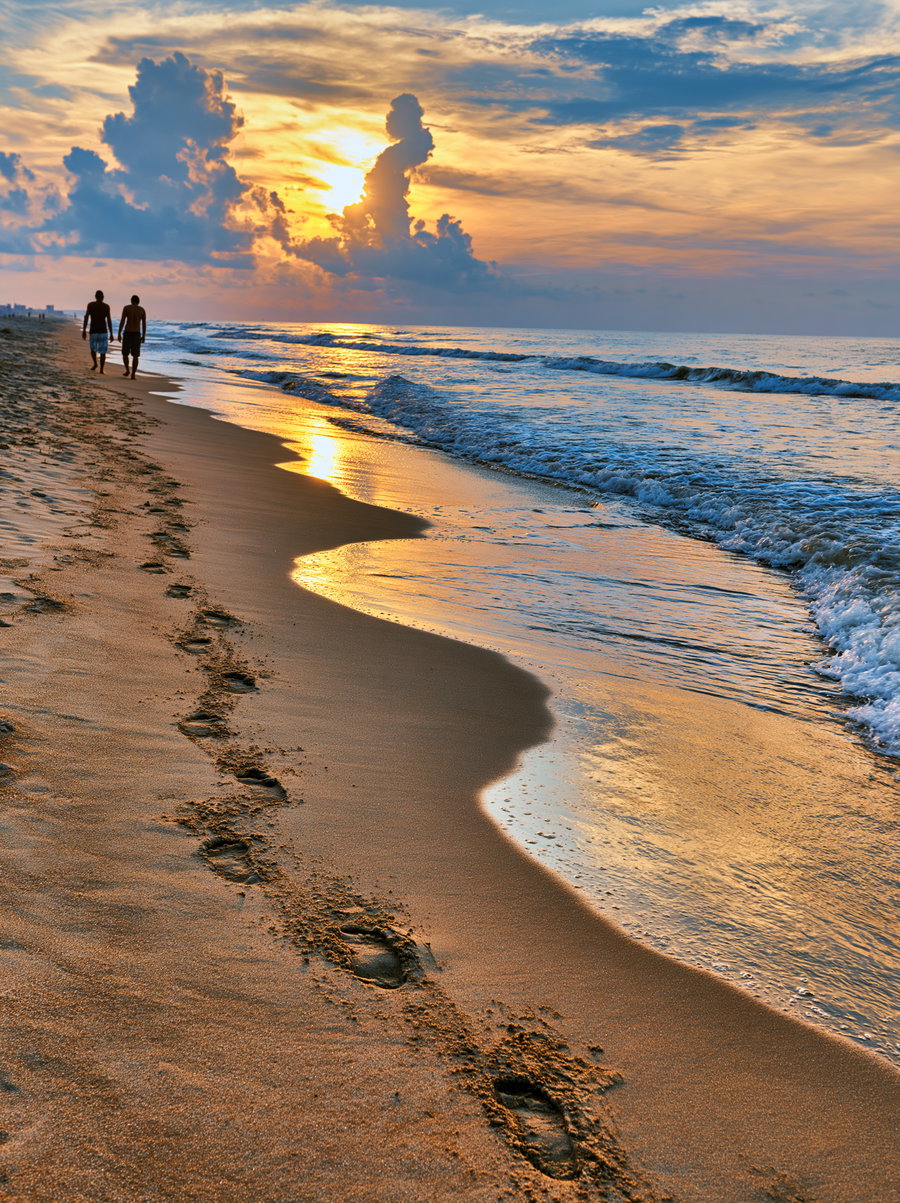 Footprints in the sand on a beach with two people walking, reflecting sunset sky and ocean waves
