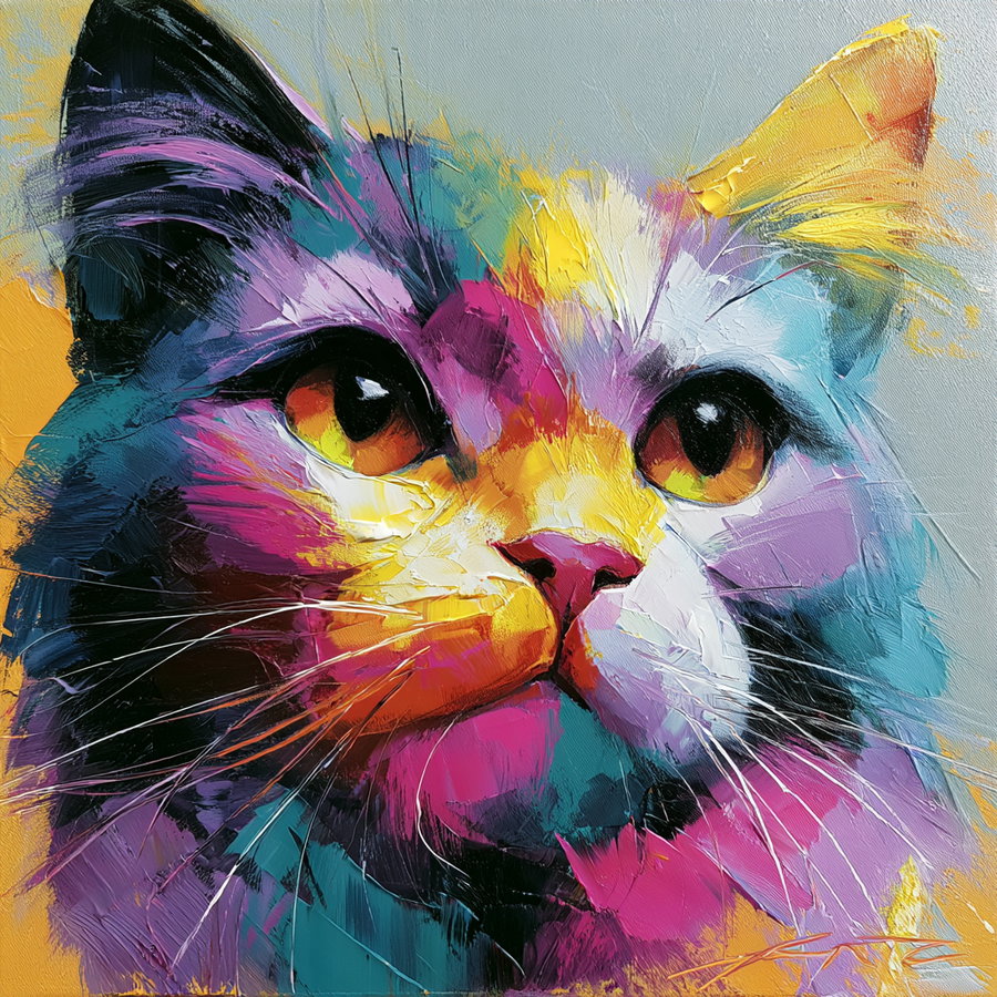 A close-up acrylic painting of a cat's face with bright colors including purple, yellow, orange, blue, and white, showing detailed eyes and fur texture