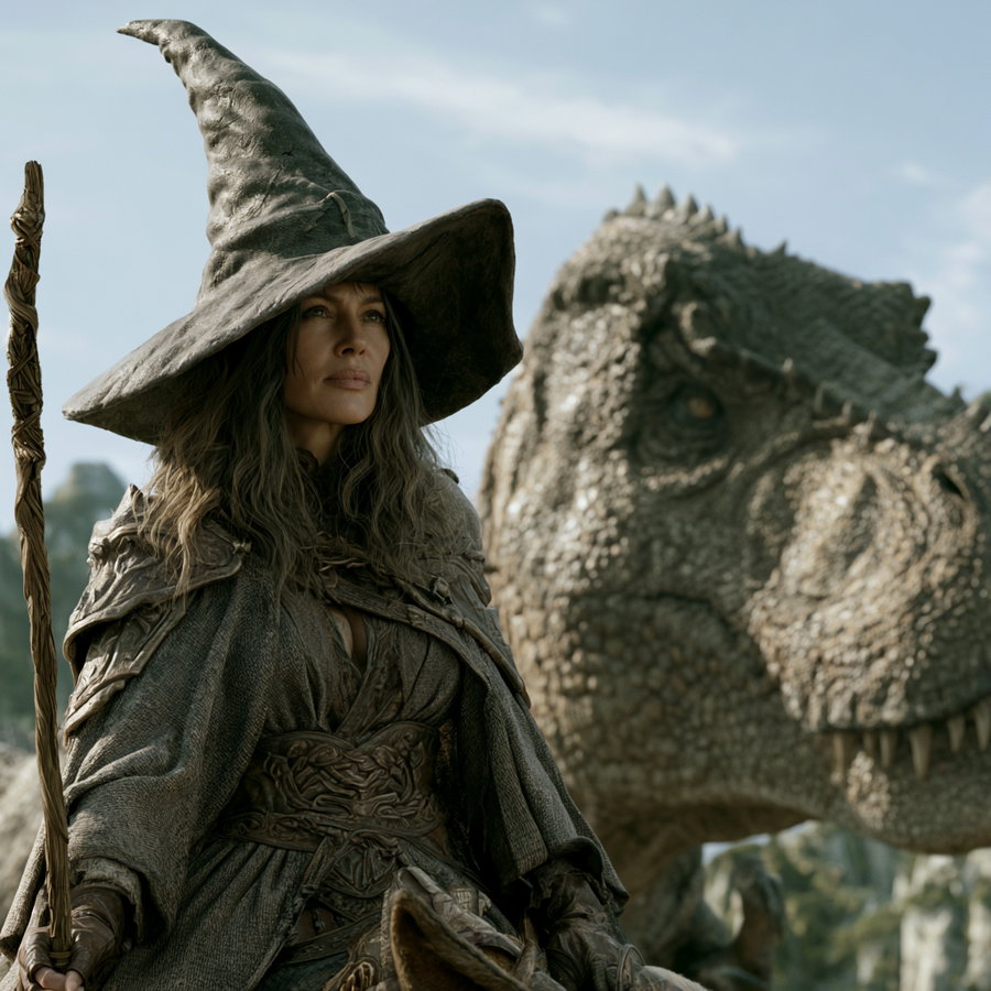 A fantasy female wizard character wearing a large pointed hat and detailed robes, holding a wooden staff, with a large reptilian creature resembling a dinosaur in the background.