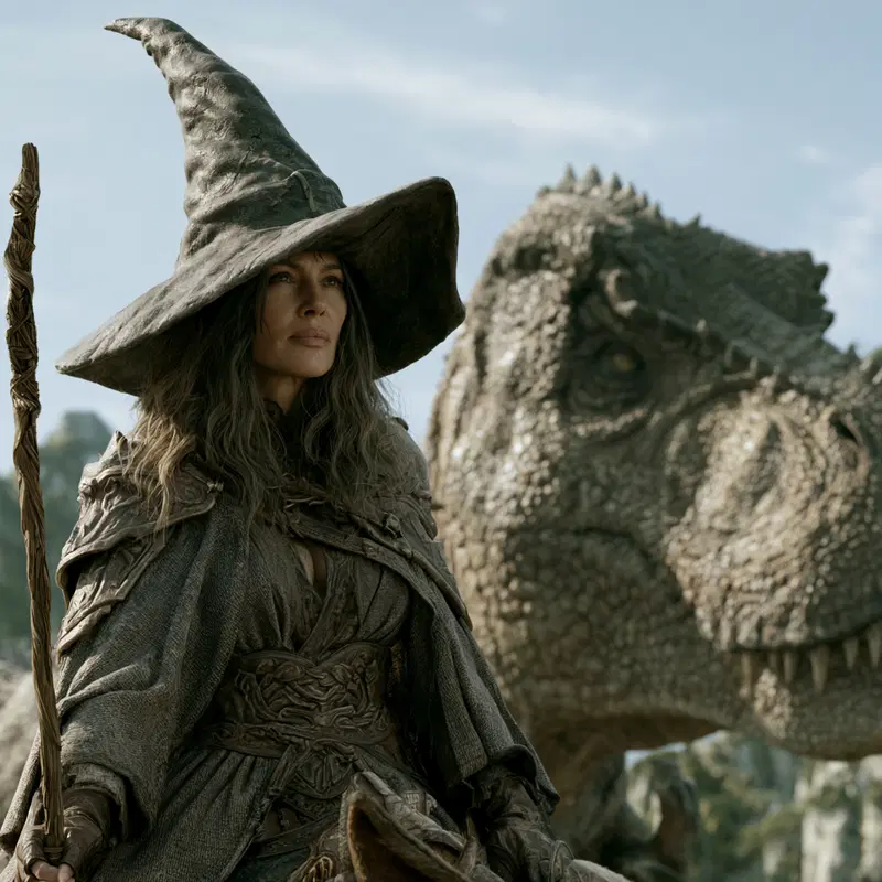 Fantasy wizard character design with detailed costume and reptilian companion