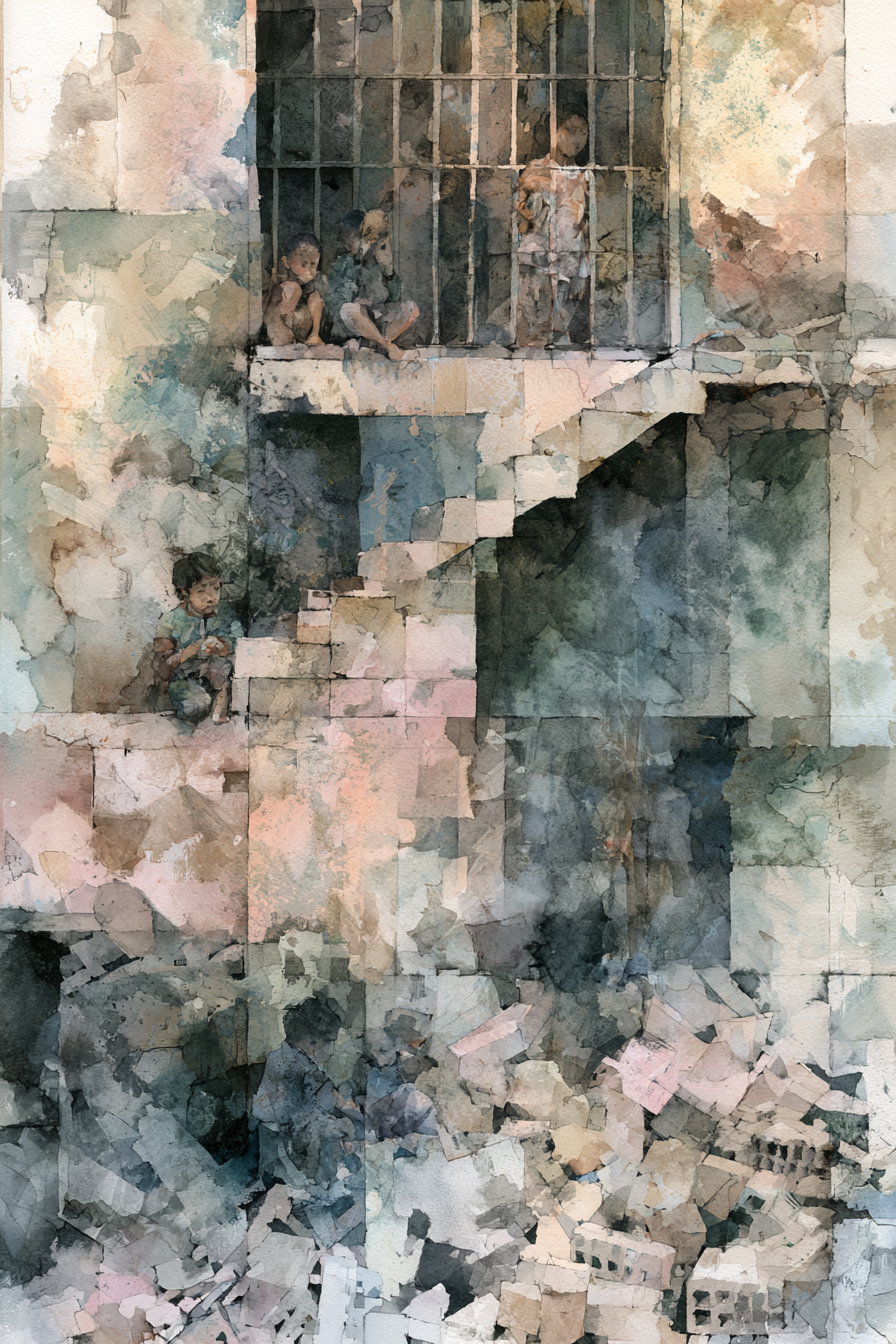 Watercolor painting showing several children near a weathered brick structure with bars on windows and a stairway, rendered in muted colors with soft, fragmented brush strokes