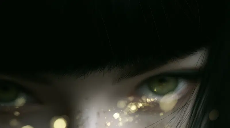 Close-up digital portrait featuring glowing green eyes and golden freckles