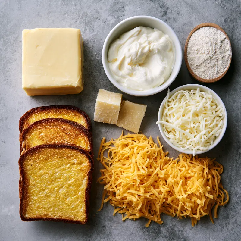Top view of ingredients including butter, sour cream, flour and grated cheese