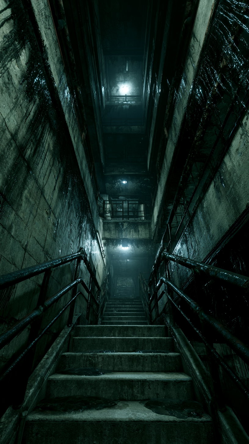 A dimly lit, narrow, multi-level concrete stairwell with wet, shiny black streaks on the walls and handrails, illuminated by a few ceiling lights.