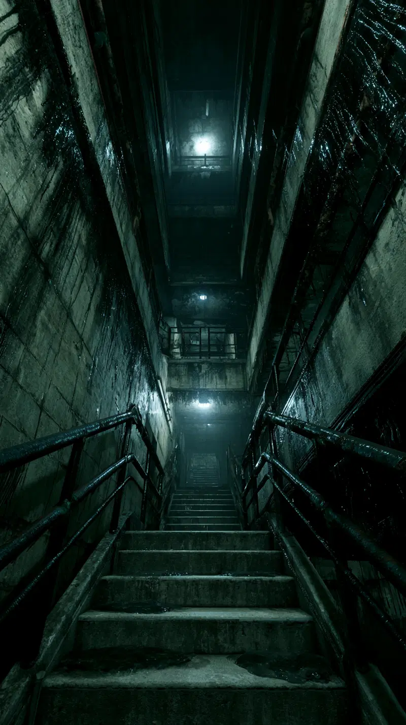 Dark and eerie concrete stairwell with wet walls and dim lighting