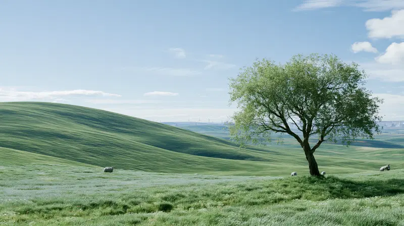 Peaceful green rolling hills with a single tree and grazing sheep