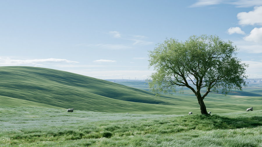 A wide landscape of green grass-covered rolling hills under a blue sky with some clouds, a single leafy tree near the right foreground, and several sheep scattered across the grassy field