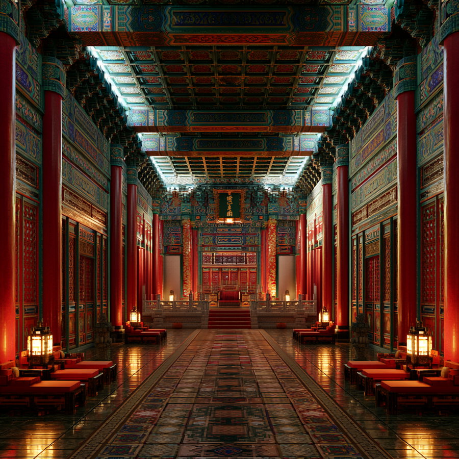 Interior view of a traditional Chinese hall with ornate red pillars, detailed colorful ceiling paintings, lanterns illuminating along the sides, and a decorated altar at the far end