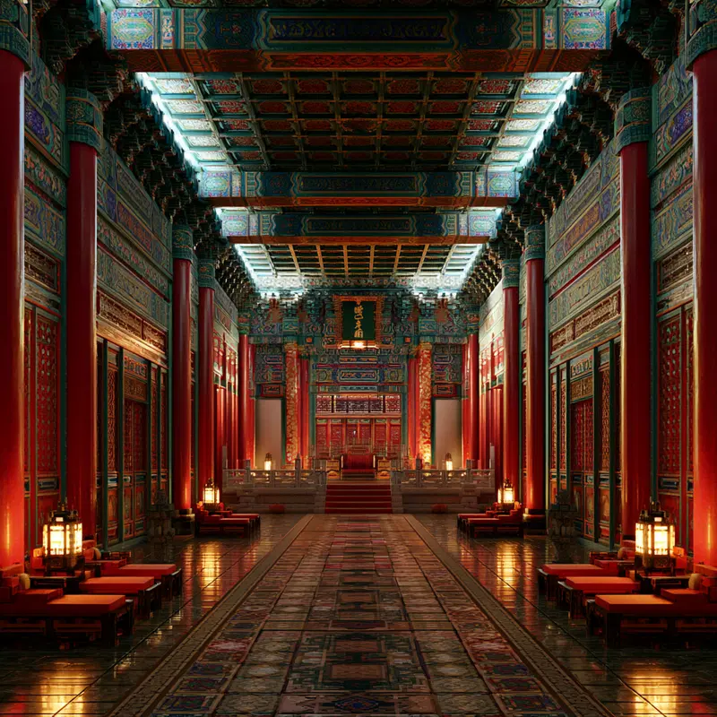 Intricately Decorated Traditional Chinese Hall with Red Pillars and Lanterns