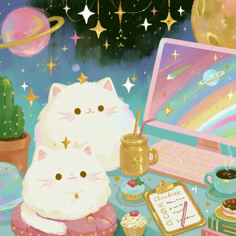 Whimsical digital painting of fluffy cats with cosmic background and cozy workspace