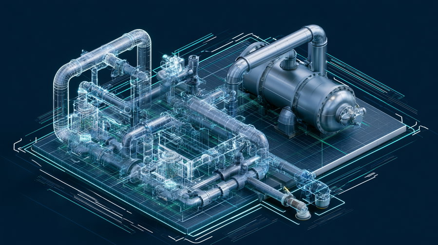 3D rendering showing an intricate industrial piping system with transparent and solid metal pipes on a dark background