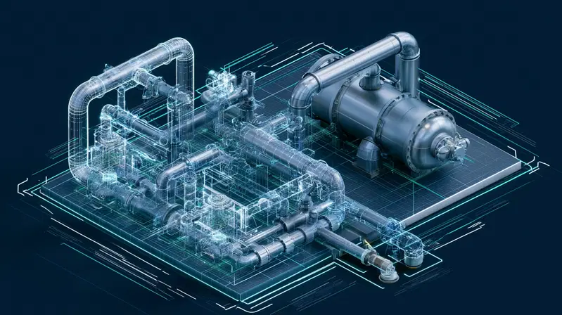 Detailed 3D architectural visualization of an industrial piping system
