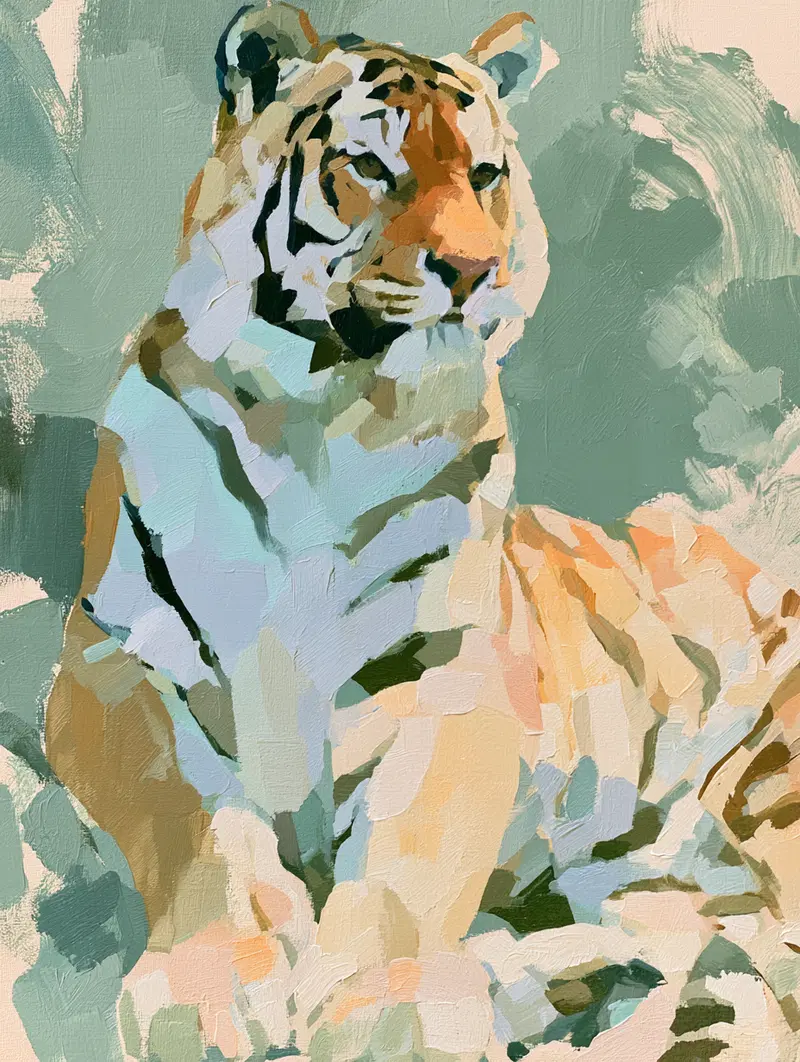 Acrylic painting of a tiger using bold brushstrokes and soft colors