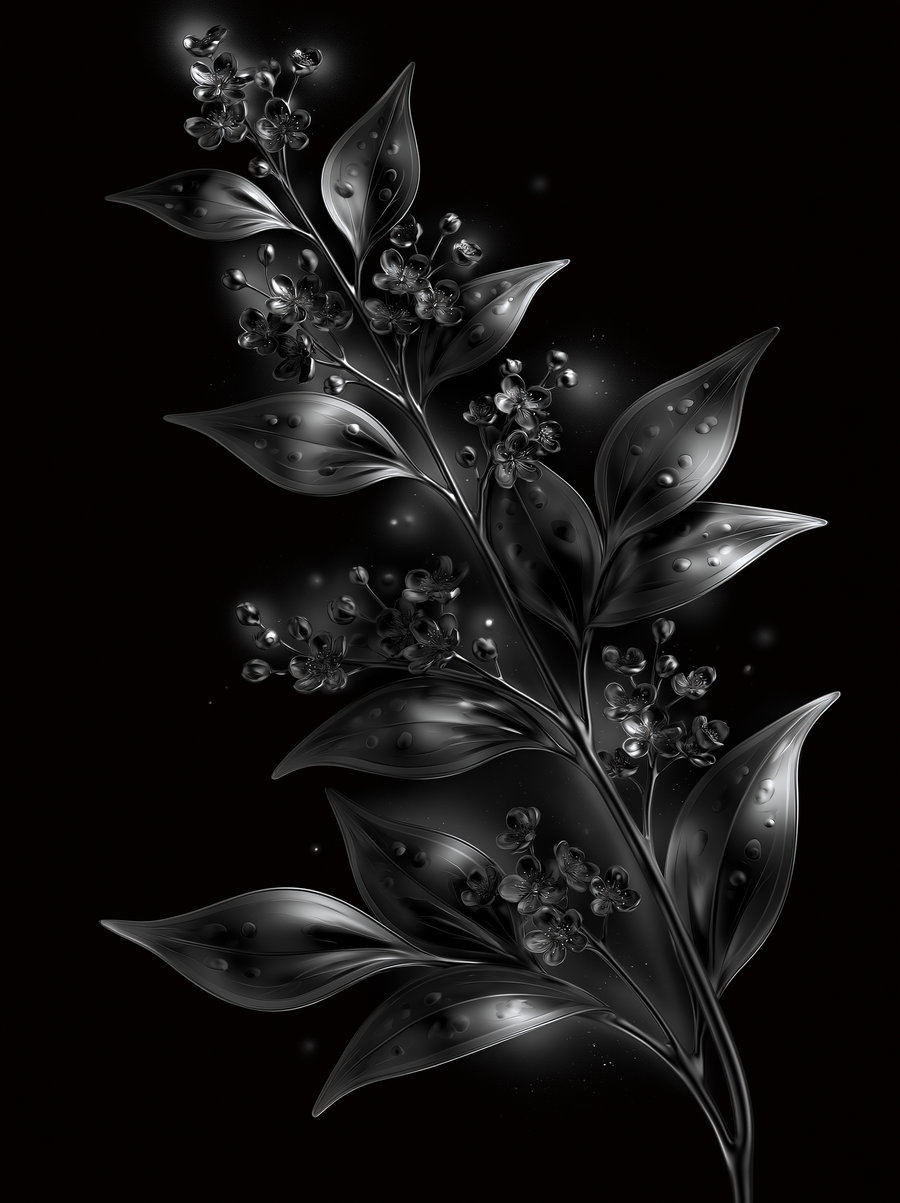 A detailed black and white digital illustration of a flowering branch with glossy leaves and small clustered flowers on a black background