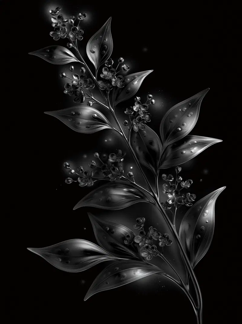 Elegant monochrome digital botanical illustration of a flowering branch