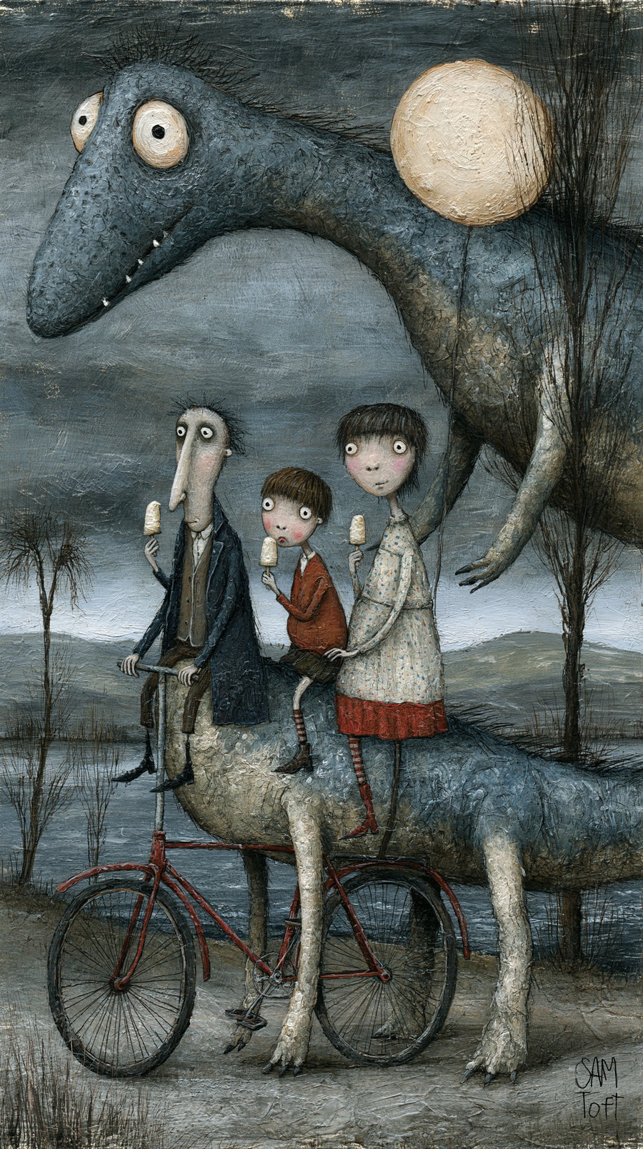A surreal painting showing three people with wide eyes eating ice cream on a large dinosaur with bicycle wheels instead of legs in a gloomy landscape