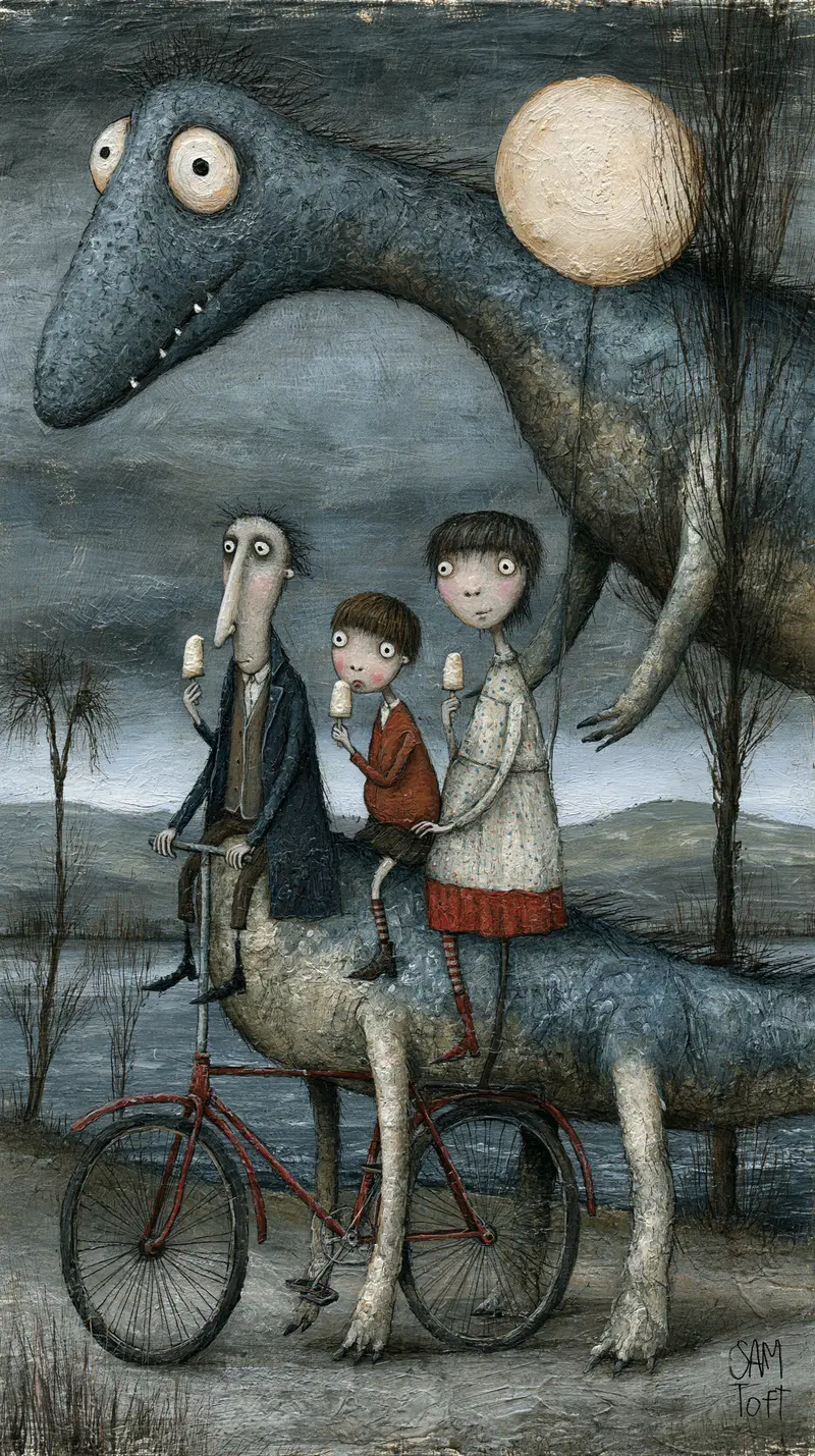 Surreal Illustration of Three People Riding a Dinosaur with Ice Cream