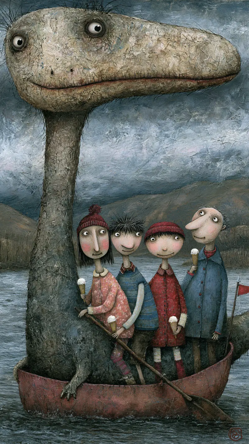 Surreal illustration of four people with ice cream riding a dinosaur boat