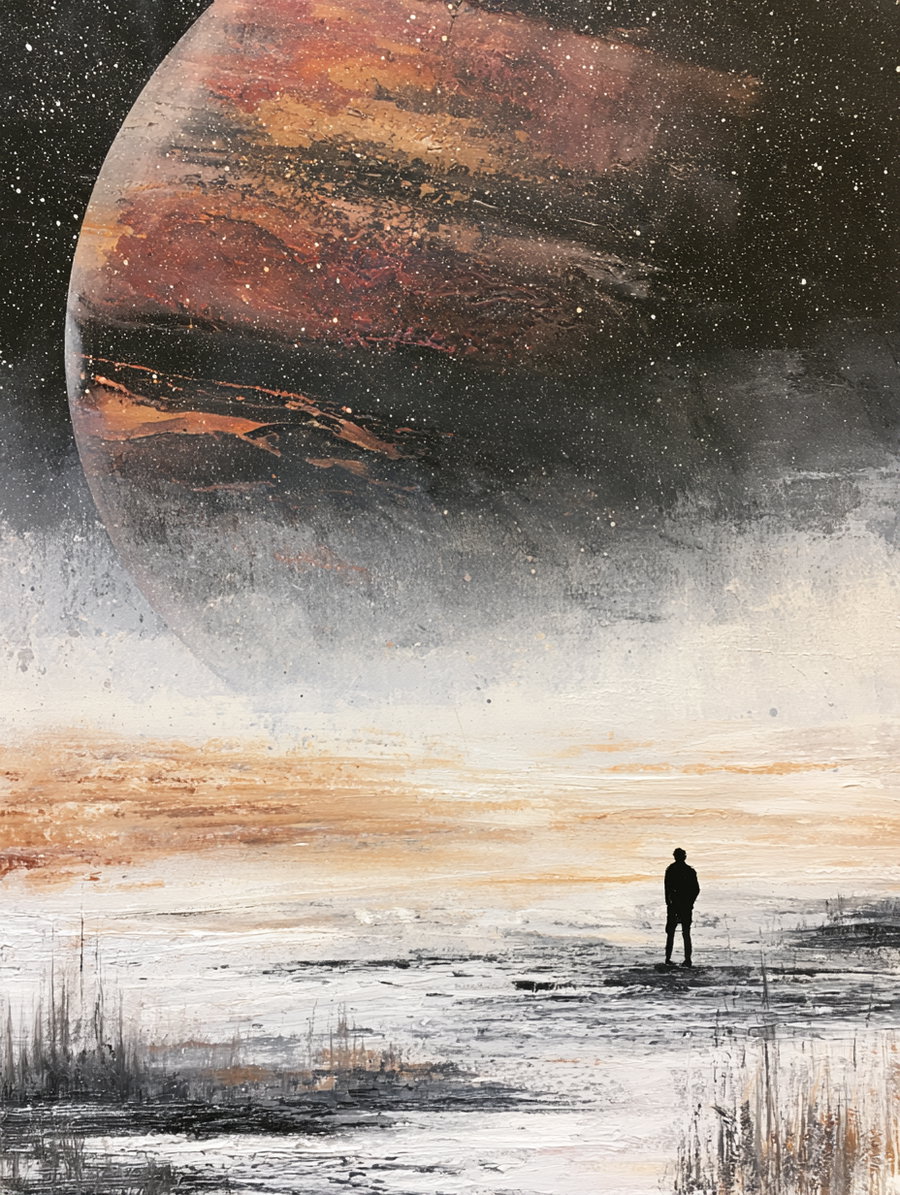 An abstract painting depicting a large planet or celestial body in dark red and orange hues above a muted landscape with a single silhouetted figure standing in the foreground