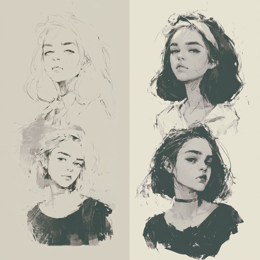 Four artistic portraits of young women in monochromatic style, featuring loose brush strokes and sketch-like details with varying hairstyles and clothing