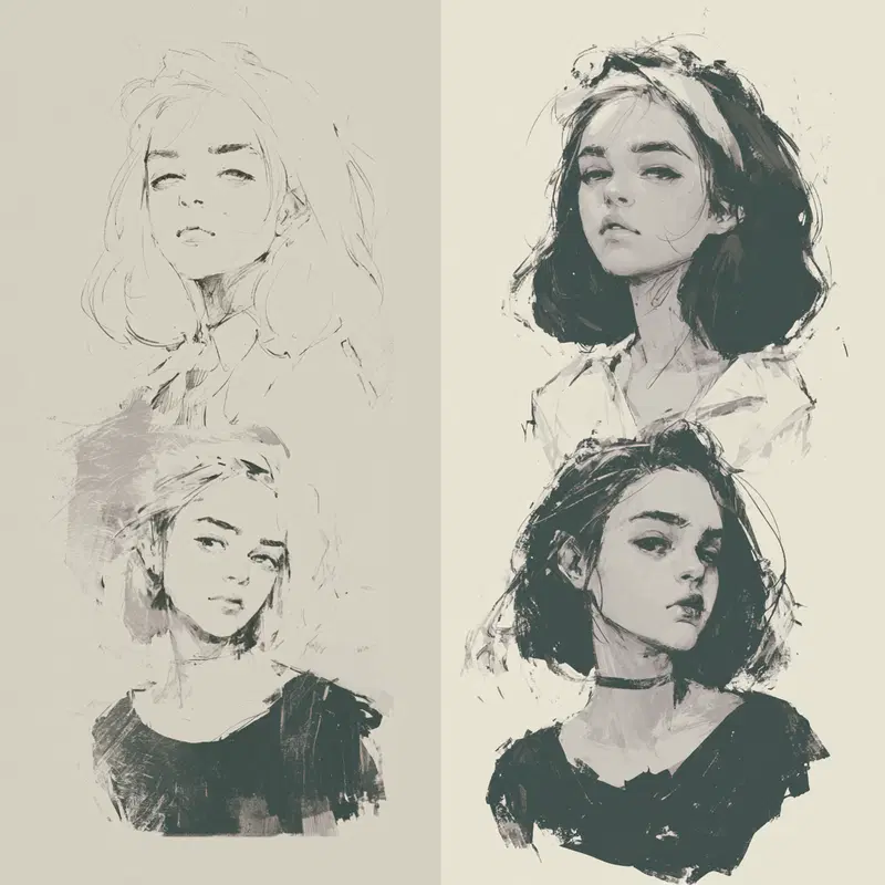 Expressive monochromatic sketches and paintings of young women with strong gazes