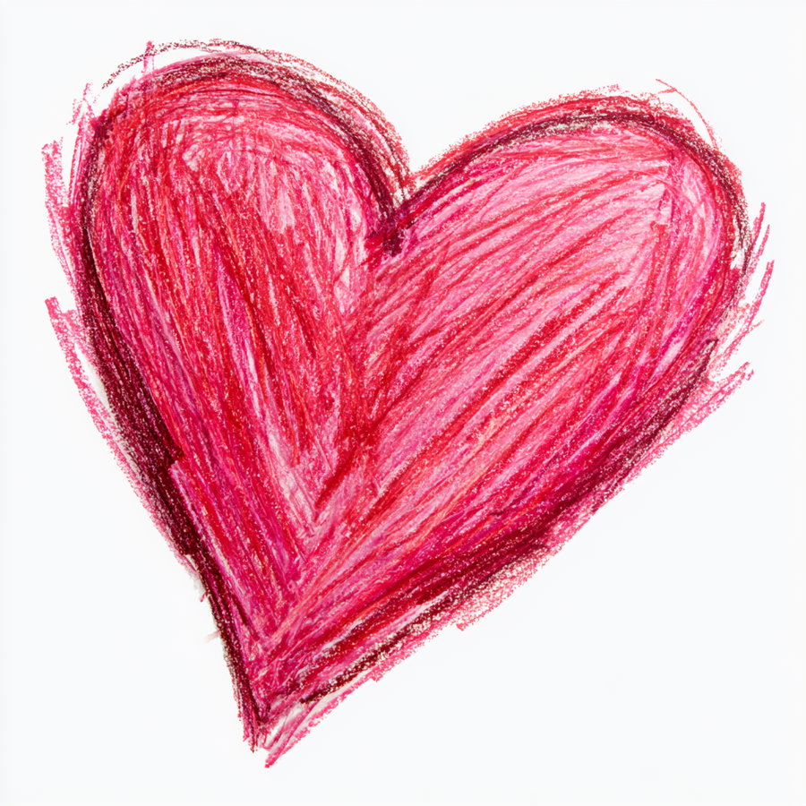 A hand-drawn heart in shades of red and pink using colored pencils on a white background