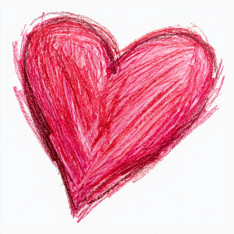 Hand-drawn pink and red heart created with colored pencils on white background