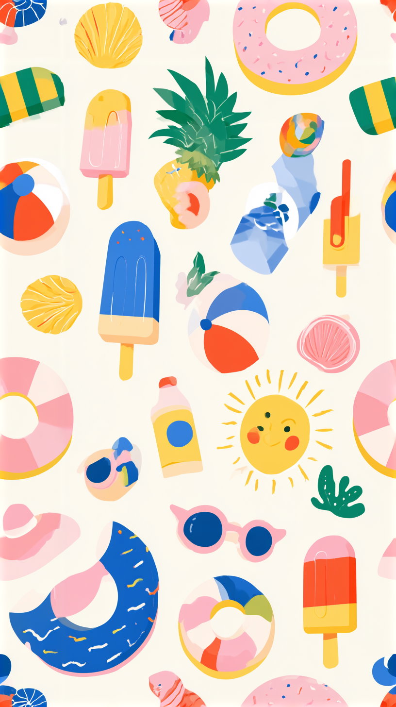 A pattern of colorful summer-related illustrations including popsicles, beach balls, sunglasses, a smiling sun, tropical fruits, and seashells on a light background