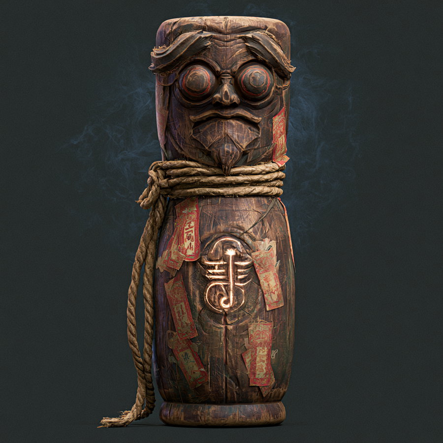A detailed wooden figure with exaggerated facial features, wrapped with a thick rope and adorned with several red paper talismans displaying Chinese characters against a dark background