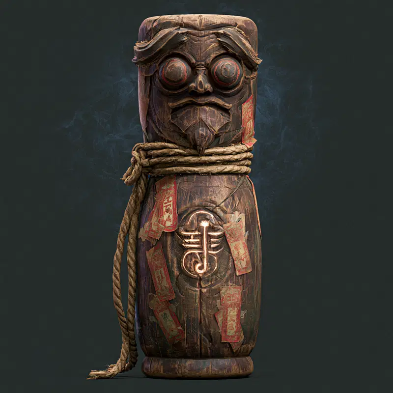 Carved wooden Chinese figurine with rope and red paper talismans