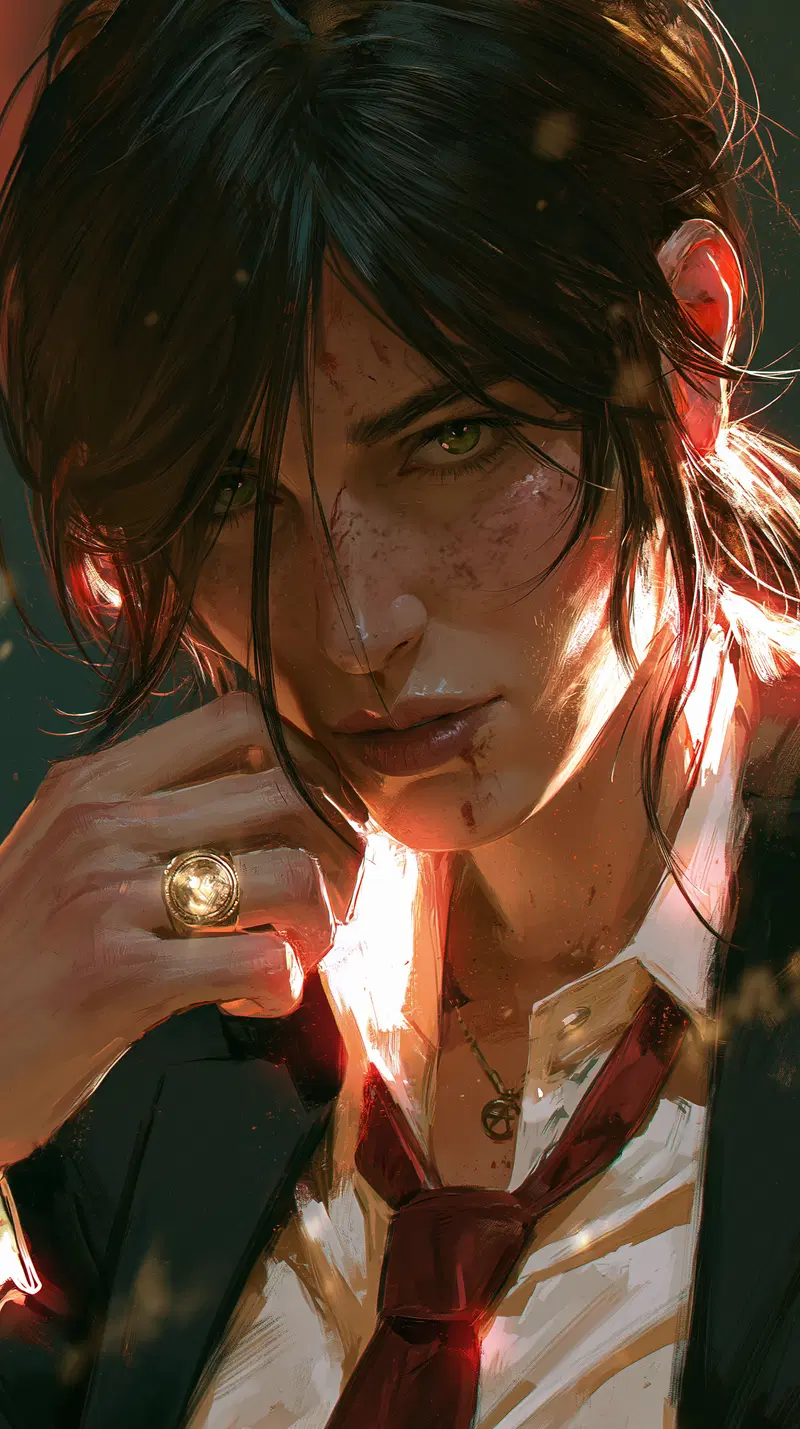 Close-up digital painting of a fierce woman with a worn suit and bloodstains