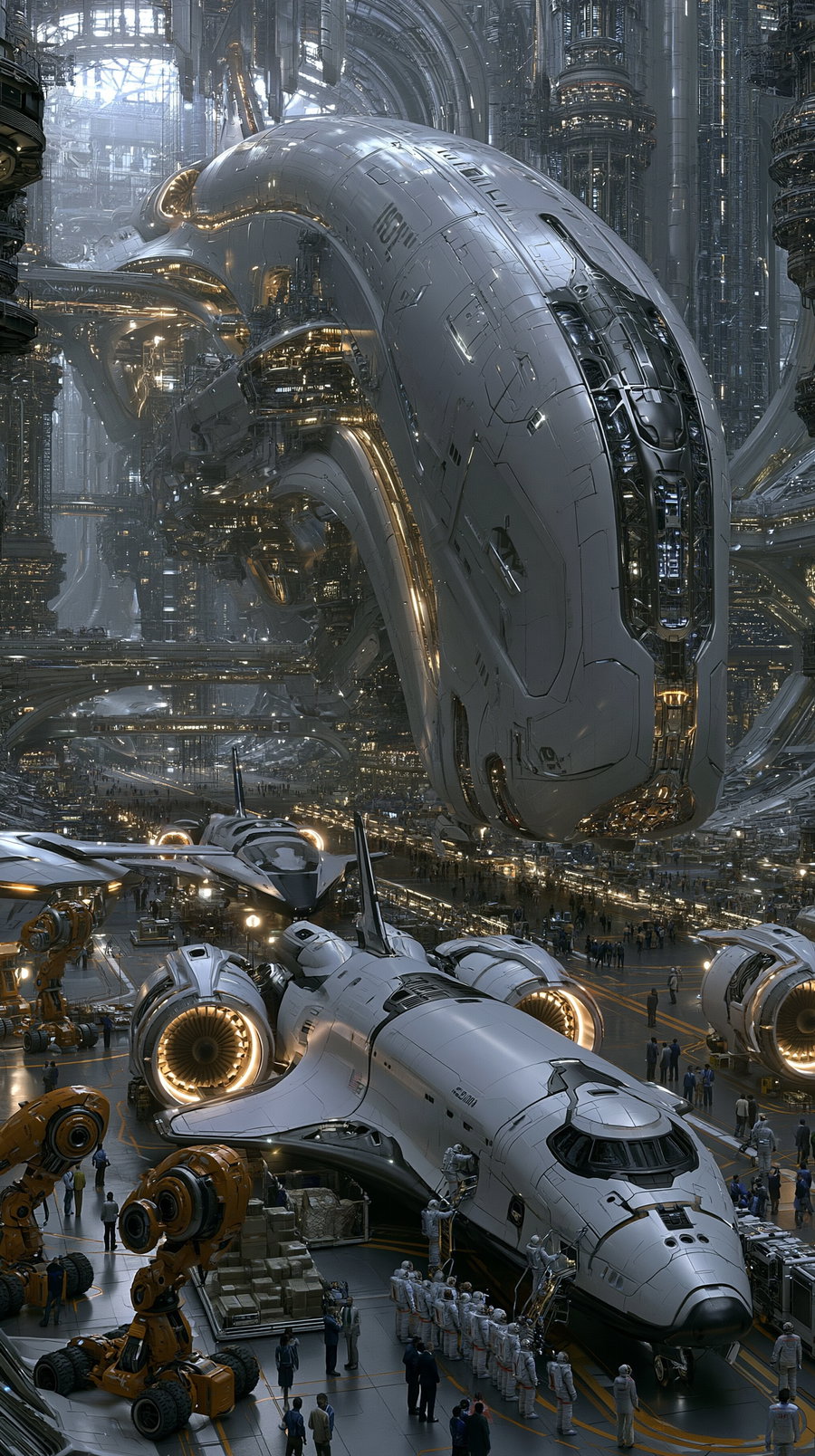 large futuristic spaceship and sleek hovercraft inside a massive sci-fi hangar with many human figures in spacesuits, robotic machinery, and intricately detailed futuristic architecture
