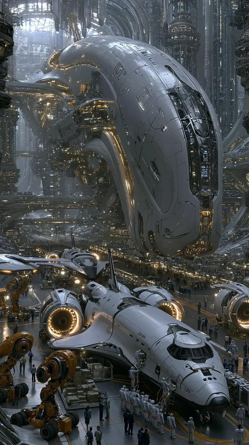 Futuristic spaceship and advanced hovercraft in a sci-fi hangar with astronauts and robotic machinery