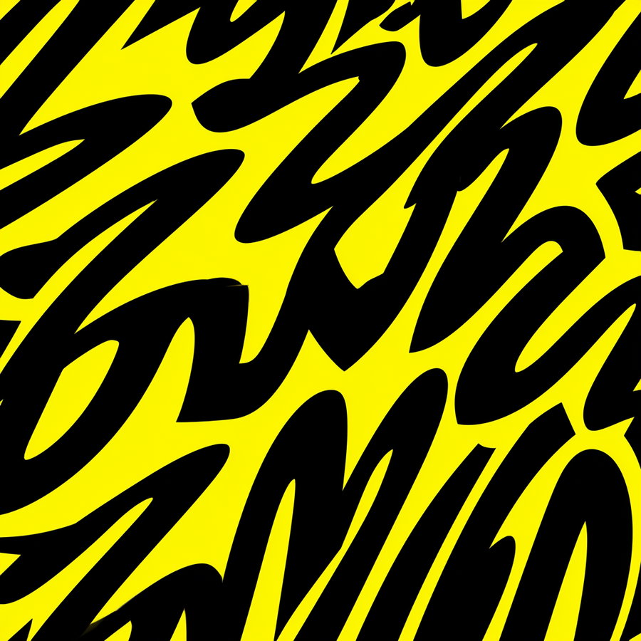 Black thick calligraphy or brushstroke patterns on a vibrant yellow background creating an abstract composition