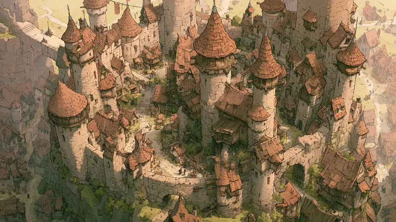 Detailed fantasy medieval city concept art with tall stone towers and red roofs