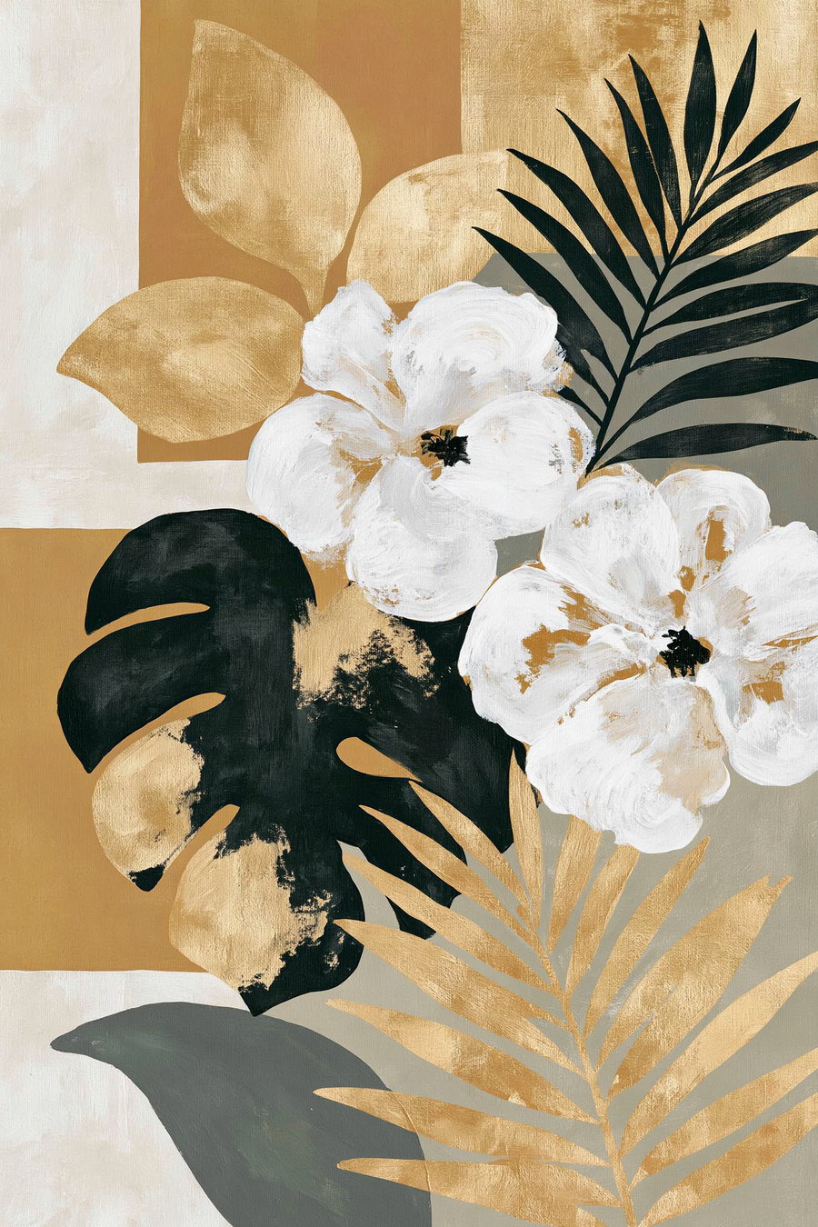 An artistic representation of white flowers with large black and gold leaves on a beige and cream geometric background