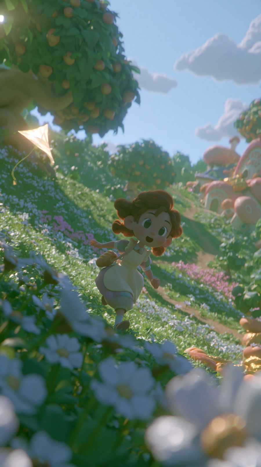A stylized animated girl with brown hair and a cream-colored dress running through a vibrant flower field with white and pink blossoms, orange trees, and whimsical mushroom-shaped houses in the background under a blue sky with clouds.