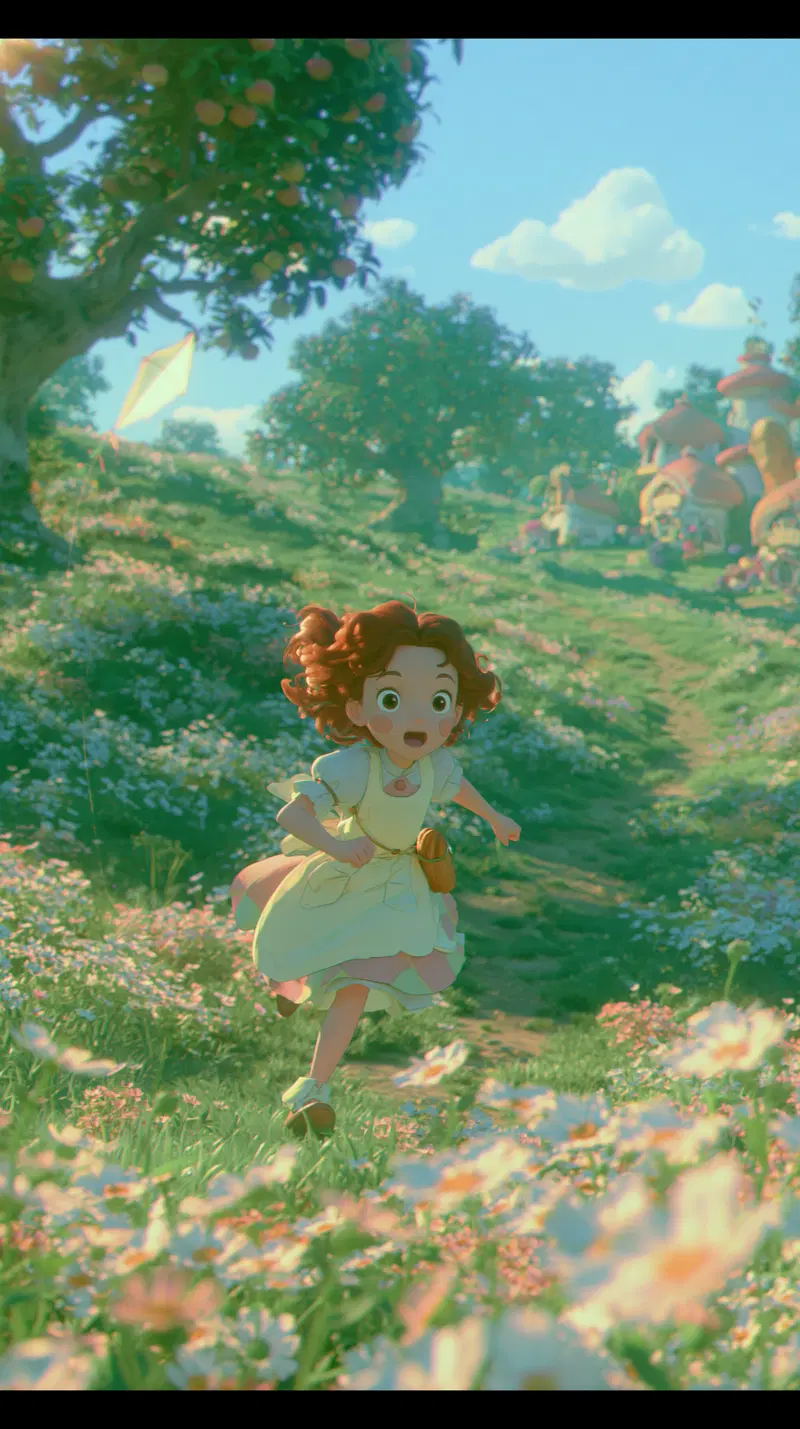 Illustration of a joyful girl running through a meadow with flowers and whimsical houses in the background
