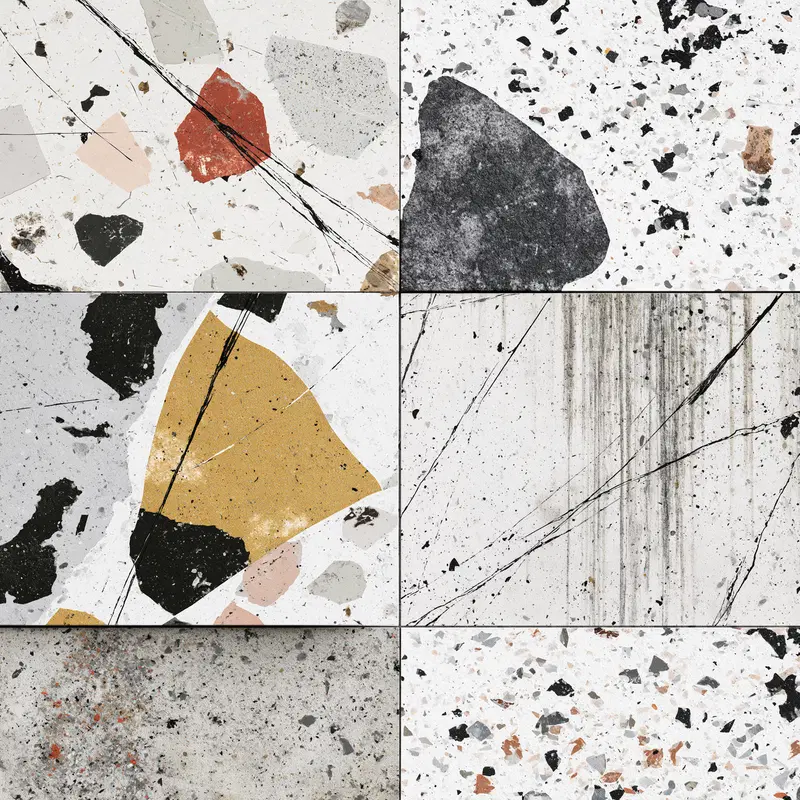 Close-up views of various terrazzo-style mixed media art surfaces