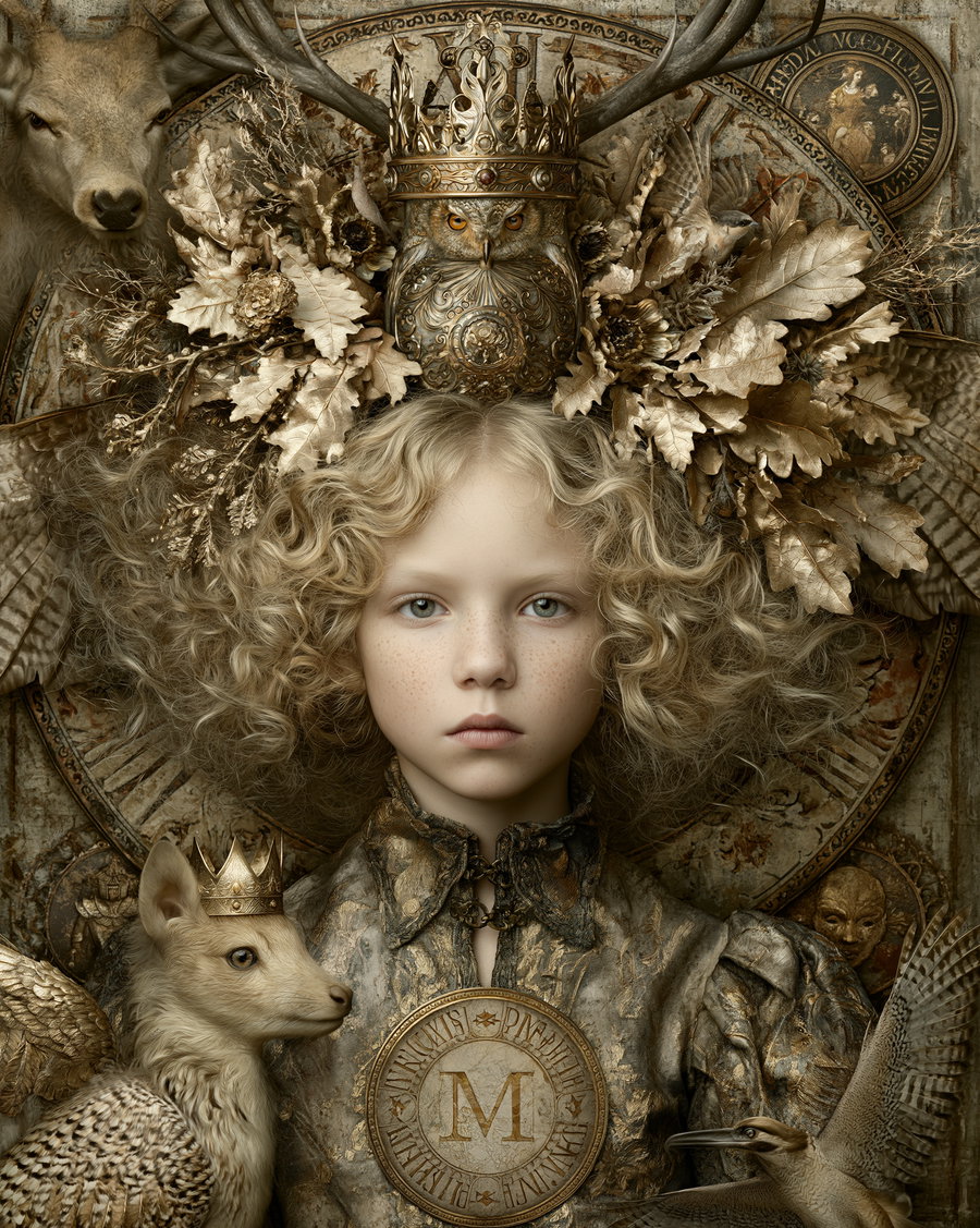 A surreal portrait of a child with curly blonde hair and freckles, adorned with an ornate golden crown decorated with leaves, an owl, and flowers, flanked by a small crowned animal with wings and a bird, against a detailed antiqued background.