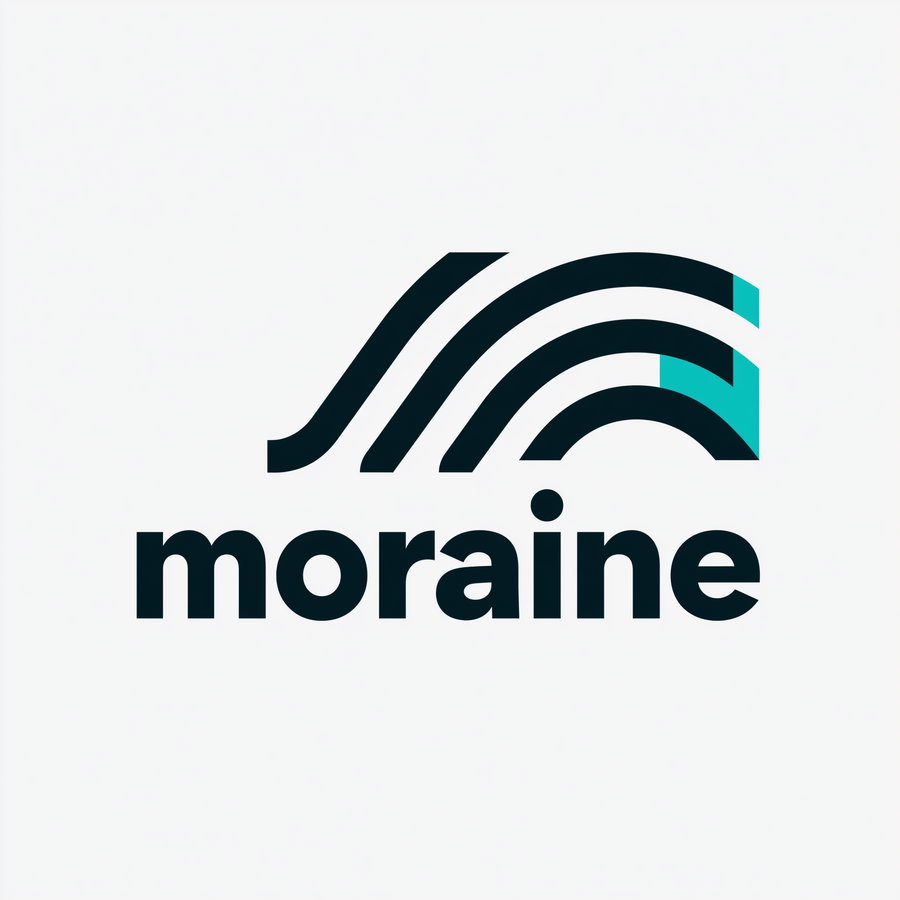 A logo featuring three thick, black curved lines and shapes with teal accents above the word 'moraine' in bold lowercase letters on a white background